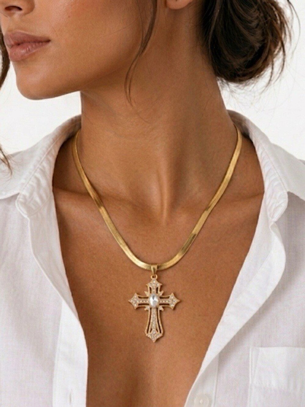 18K Gold Plated Stainless Steel Cross Necklace Herringbone Chain 16"+2"